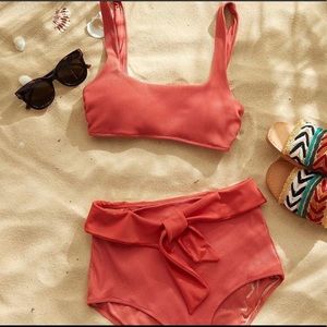 AERIE (NWT) CORAL RIBBED HI RISE TIE SWIM BOTTOM